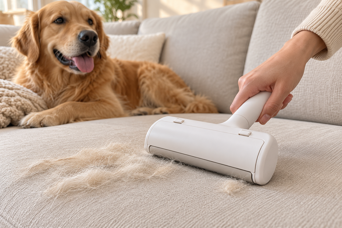 Rouleau anti-poils réutilisable Velmiyo sur canapé avec chien